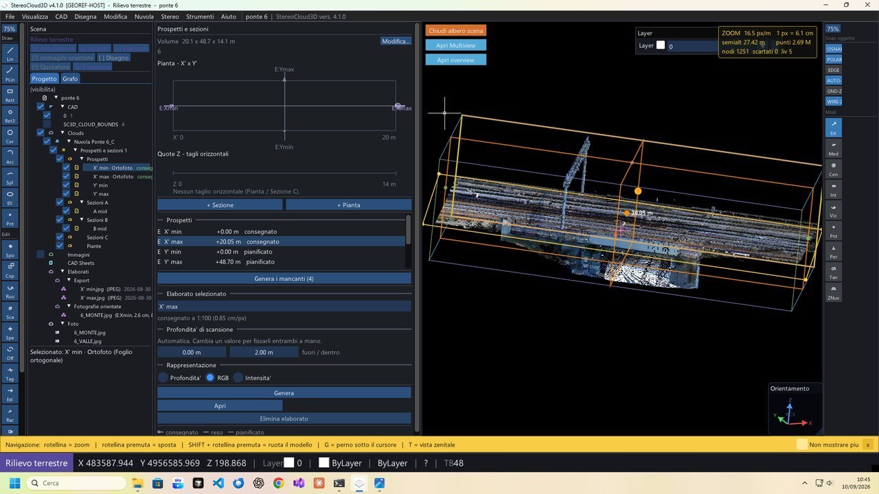 A bridge captured by terrestrial laser scanning, digitized across two monitors in stereo