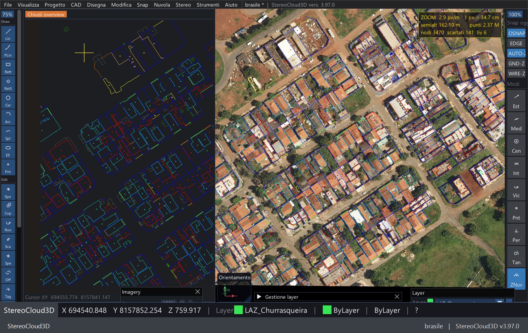 Completed building outlines drawn over the point cloud and the orthophoto