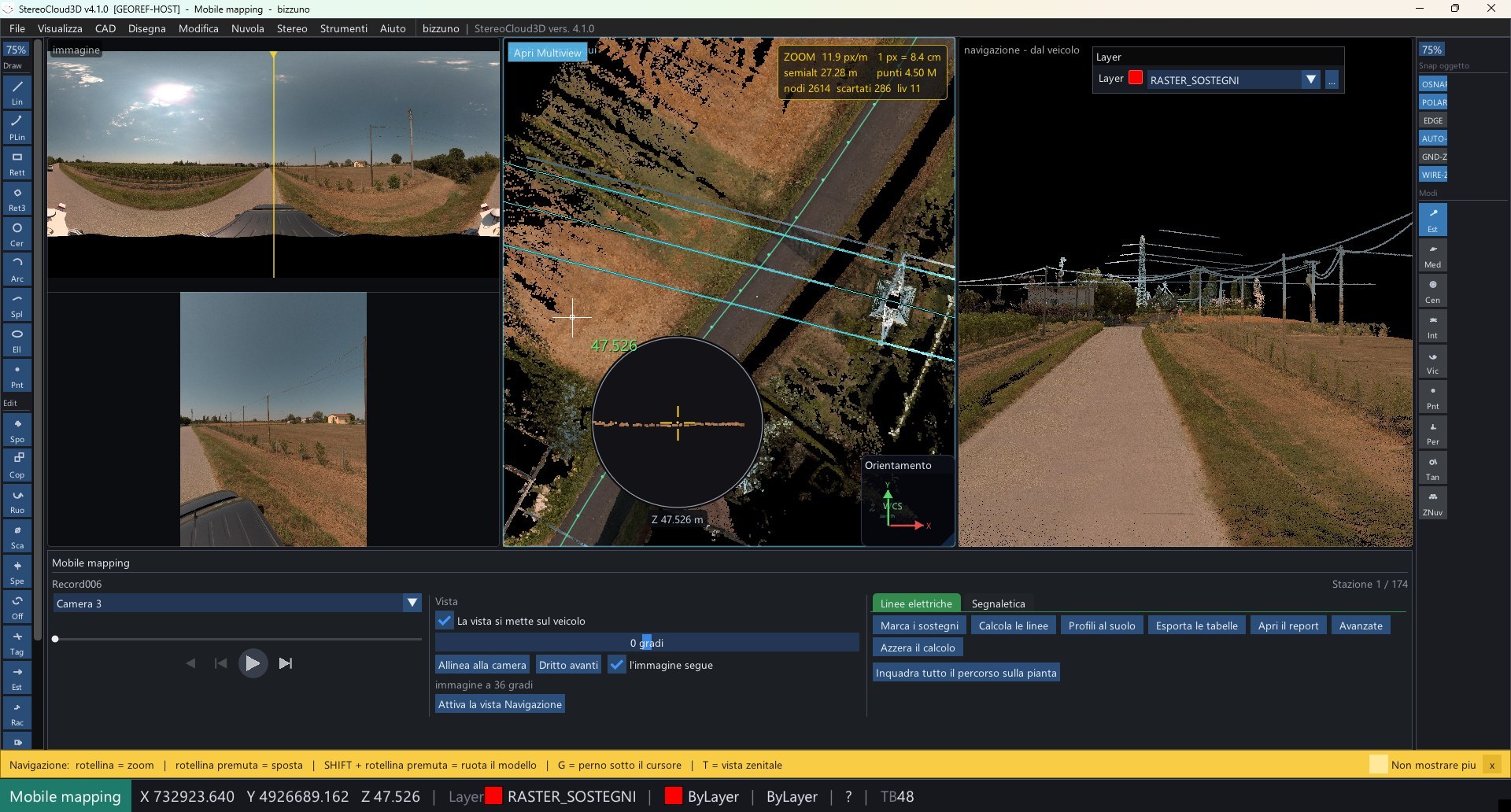 Mobile mapping workspace with panoramic frames, trajectory and the view from the vehicle
