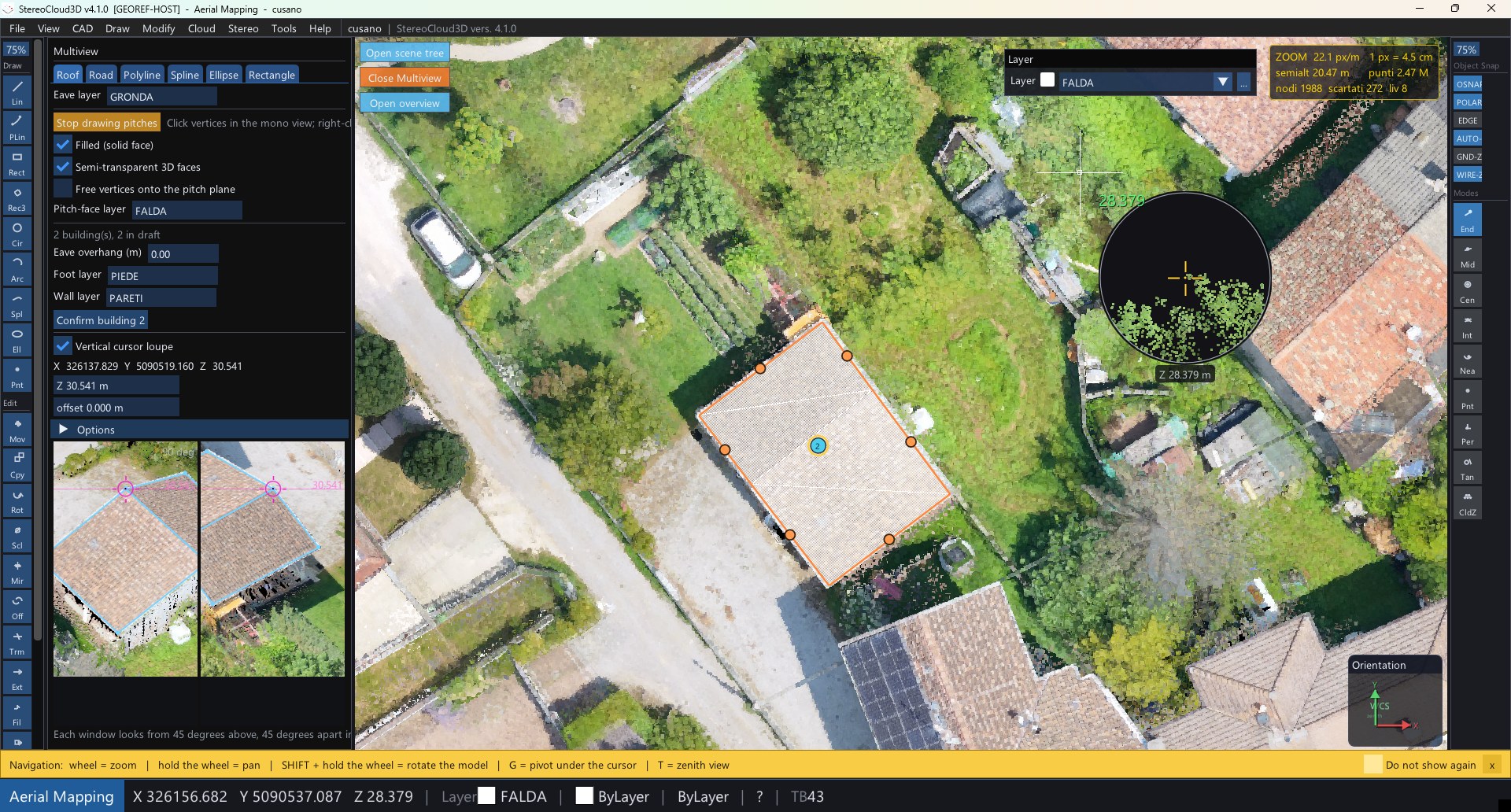 The Multiview panel beside the cloud, with the roof pitch and its two photographic views