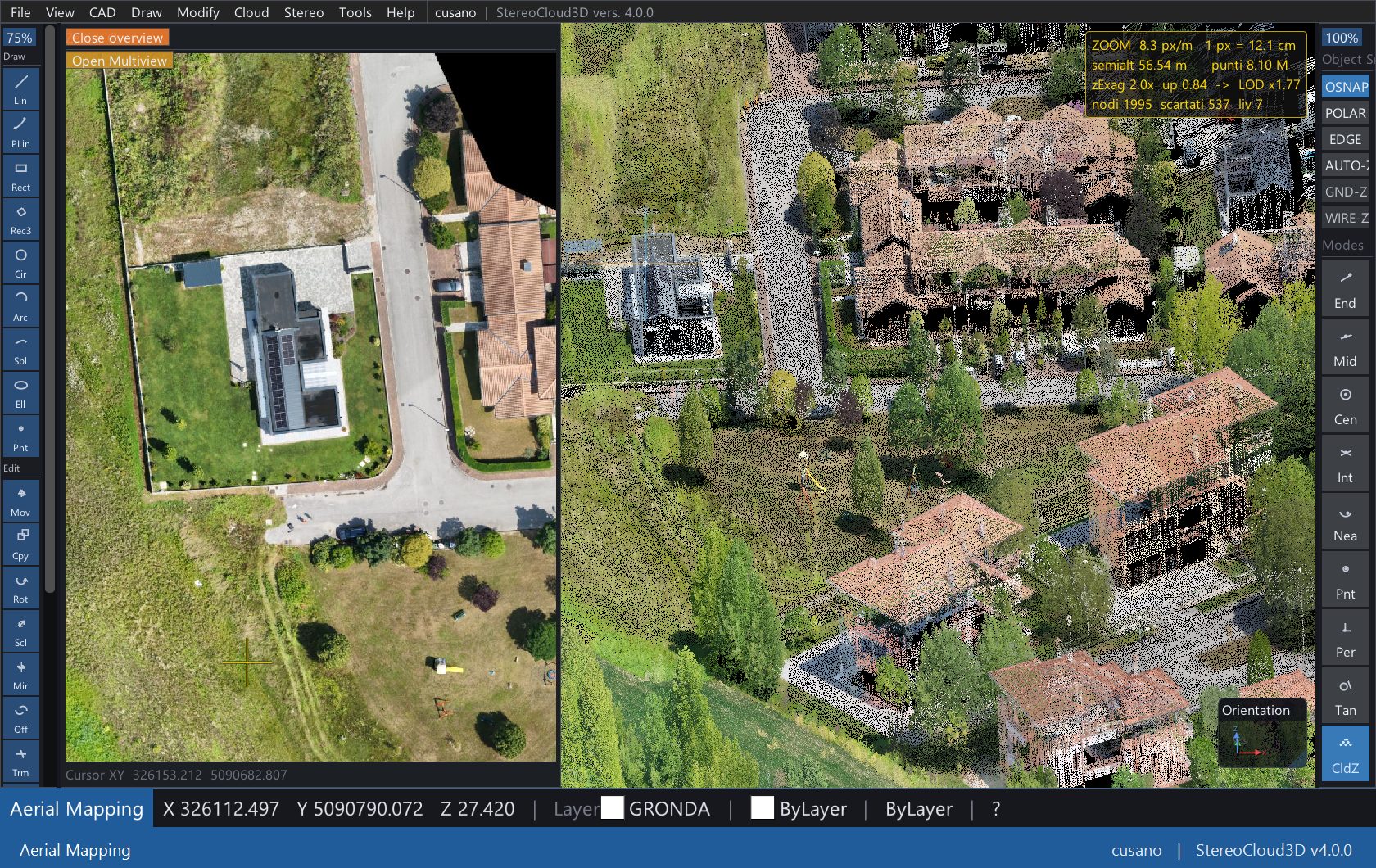 The Overview panel showing the completed drawing over an orthophoto, beside the working view